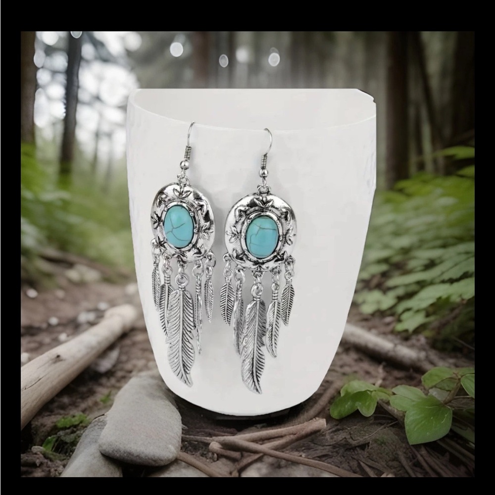 Turquoise and Silver Feather Dangle Earrings